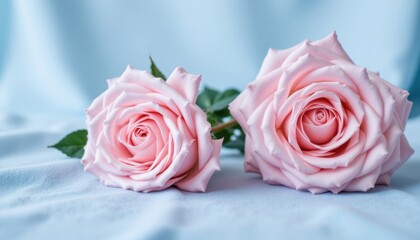 Obraz premium The delicate pink roses stand out beautifully against the soft blue fabric background, creating a serene and elegant display of contrasting colors.