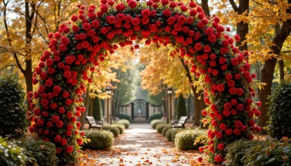 Fototapeta premium The Autumnal Rose Archway in a Serene Garden Setting stands tall and majestic, adorned with vibrant hues of red, orange, and gold