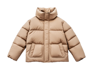 Beige puffer jacket with high collar and front pockets, cut out