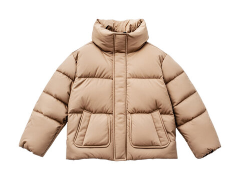 Beige puffer jacket with high collar and front pockets, cut out