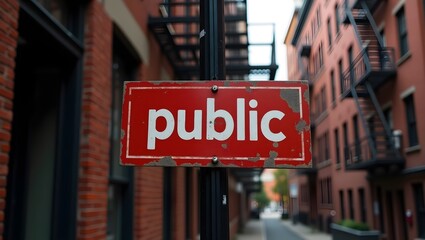 Obraz premium he buildings have fire escapes and windows with black frames. A red sign with the word 