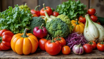 The vibrant display of fresh vegetables on a rustic wooden table elicits a sense of health and vitality