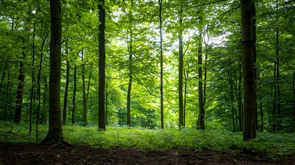 Fototapeta premium Lush Green Forest Interior with Tall Tree Trunks and Sunlight Filtering Through the Leaves Creating a Serene Scene