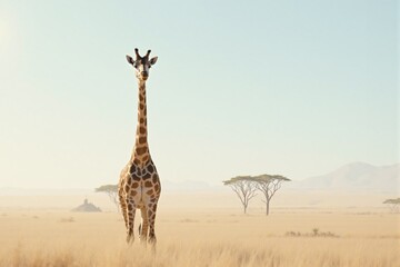 Obraz premium Majestic giraffe standing in the African savanna with acacia trees and distant mountains in soft golden light