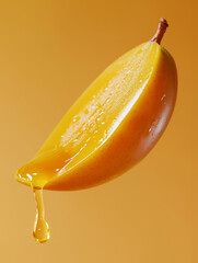 Fresh mango slice with natural juice dripping. Tropical fruit sweetness and beauty ingredient. Food and skincare concept.