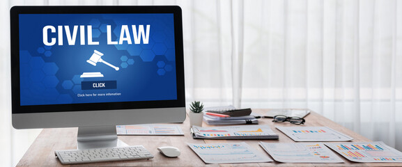 Civil law brisk information showing on computer screen for Common Justice Legal Regulation Rights Concept