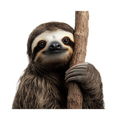Fototapeta premium Cute brown sloth hugging a wooden branch against black background, cut out