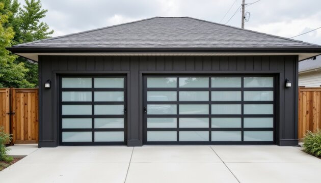 The modern garage features a sectional door in front that is equipped with smart technology, allowing homeowners to open and close it remotely using a smartphone app