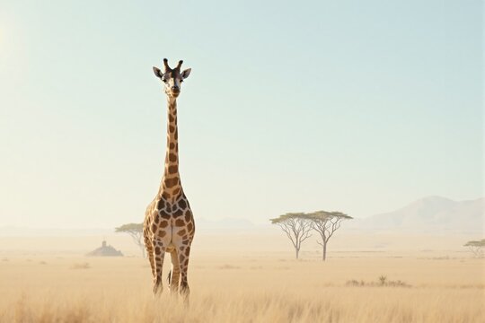 Majestic giraffe standing in the African savanna with acacia trees and distant mountains in soft golden light