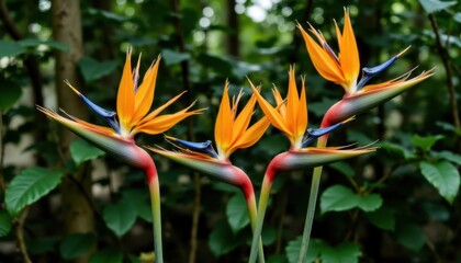 Obraz premium The colorful and unique Bird of Paradise flowers stand out against a lush green background of tropical foliage, creating a striking and visually captivating scene in nature.