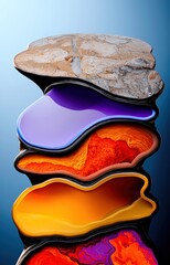 Obraz premium This image features a vibrant, abstract depiction of layered geological formations in warm hues like orange, 