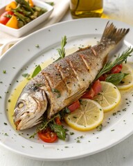 grilled fish with vegetables, presentation of baked fish on a white oval plate
