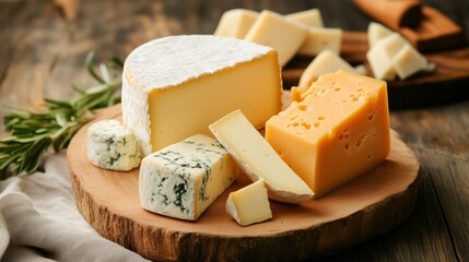 Gourmet Cheese Board: An enticing selection of gourmet cheeses, artfully arranged on a rustic wooden board, alongside rosemary sprigs, suggesting a sensory experience.
