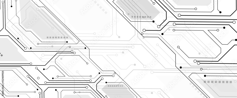 Fototapete Abstract black circuit diagram on white background. PCB Trace Black and White Engineering Data Communication Concept Vector.