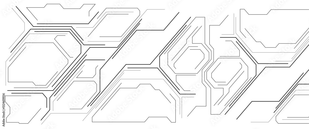 Poster Abstract black circuit diagram on white background. PCB Trace Black and White Engineering Data Communication Concept Vector.