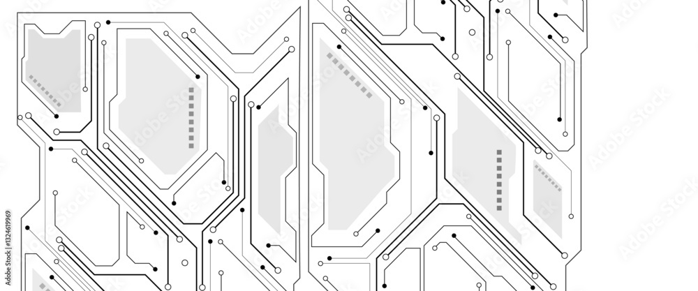 Poster Technology black circuit diagram concept. High tech circuit board connection system. Circuit board with various technology elements.