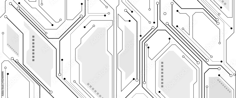 Poster Technology black circuit diagram concept. High tech circuit board connection system. Circuit board with various technology elements.