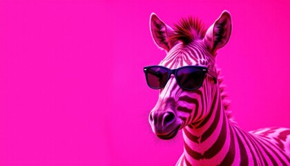 A zebra sporting sleek sunglasses, standing out against a vibrant pink background, exuding a sense of cool confidence and style.