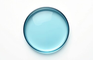 Top view of empty petri dish in blue glass isolated for lab testing. Clean laboratory equipment for chemical, biological, pharmaceutical research, experiment, analysis. Biotechnology development for