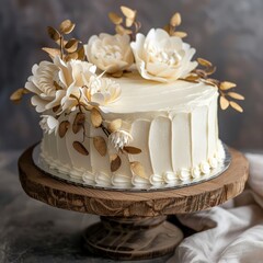 Elegant chocolate cake adorned with beige and gold floral decorations for a special celebration