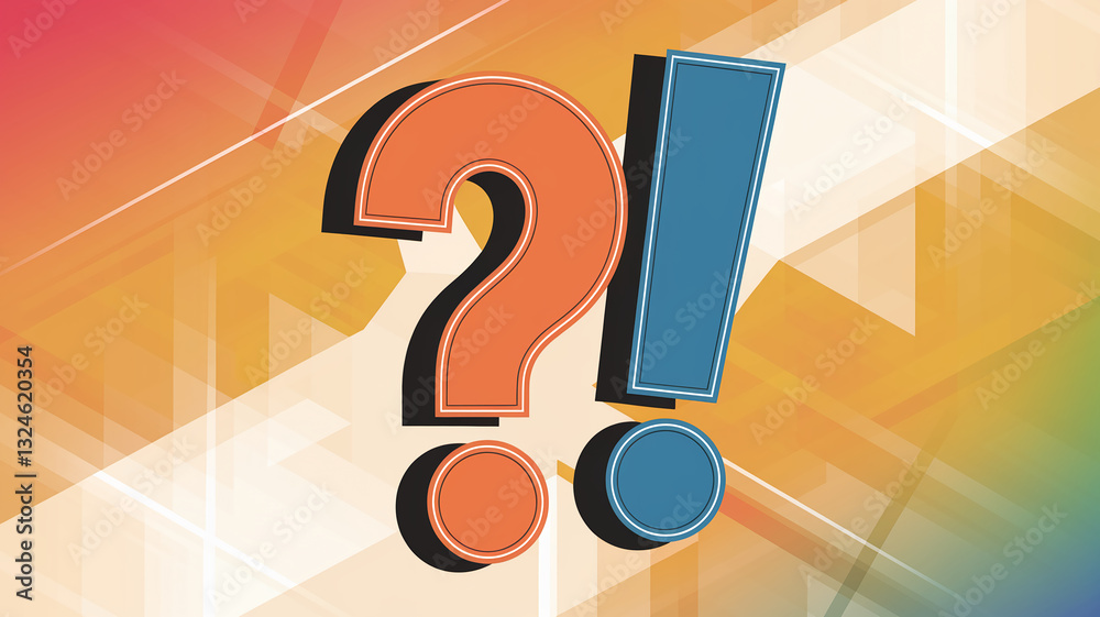 Poster orange question mark and blue exclamation mark on abstract geometric background, symbolizing inquiry