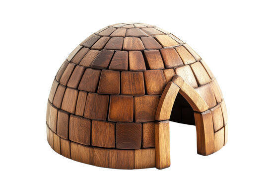 Intricately crafted wooden igloo model showcasing artistic design and craftsmanship isolated on transparent background