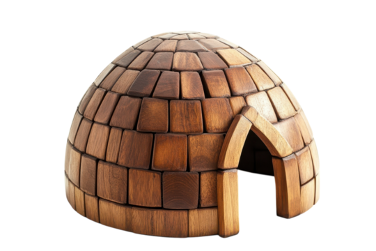 Intricately crafted wooden igloo model showcasing artistic design and craftsmanship isolated on transparent background