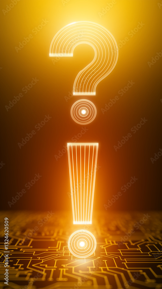 Poster Glowing question mark and exclamation point on circuit board background, suggesting technological query and alert, suitable for tech support or problem-solving concepts