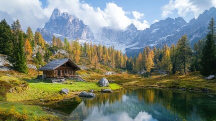 Secluded Mountain Cabin by a Calm Lake in Autumn