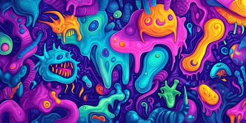Obraz premium Surreal psychedelic doodle background featuring melting shapes, alien-like creatures, and vibrant neon color palette.