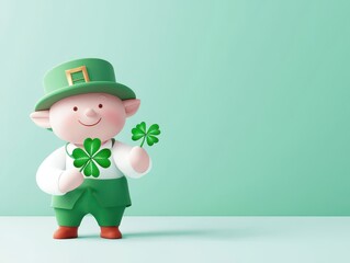 Fototapeta premium A cheerful leprechaun in a green outfit holds shamrocks against a mint-colored background, symbolizing St. Patrick's Day celebrations and good luck.