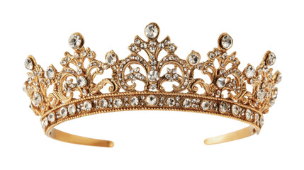 Elegant gold tiara with intricate design and sparkling jewels, cut out