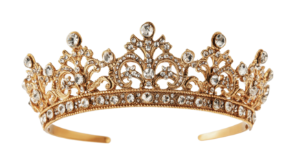 Elegant gold tiara with intricate design and sparkling jewels, cut out