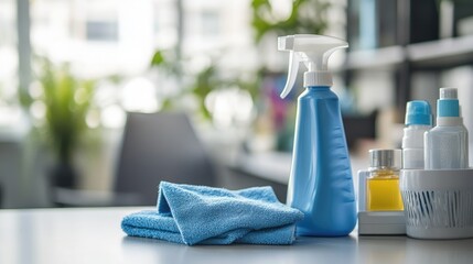 Cleaning Supplies on a Table with a Soft Blue Cloth