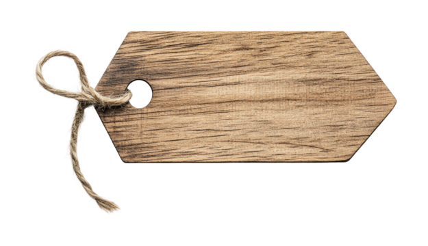 Rustic oval wooden tag with twine knot and natural grain texture, cut out