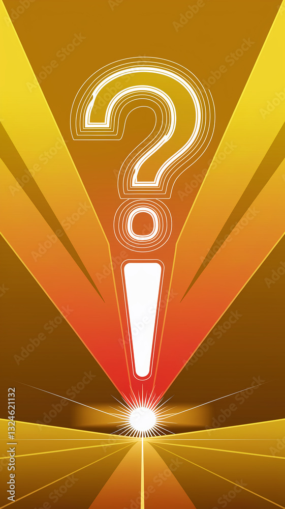 Poster abstract graphic with question mark and exclamation point in gold and white, set against warm orange