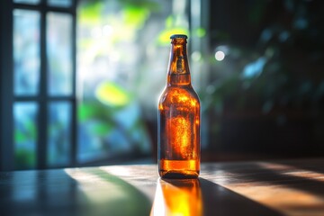 Amber Beer Bottle on Wooden Table with Sunlight Streaming Through Window - Refreshing Beverage Still Life