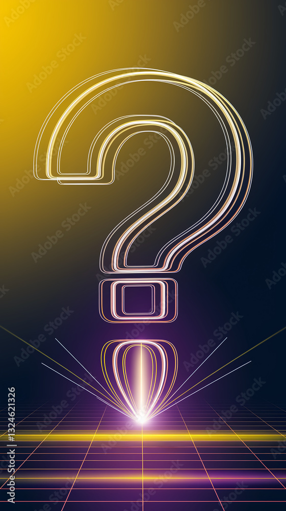 Poster Abstract graphic design featuring a glowing question mark over a grid, symbolizing inquiry, curiosity, and problem-solving in a technological context.  Free space for text