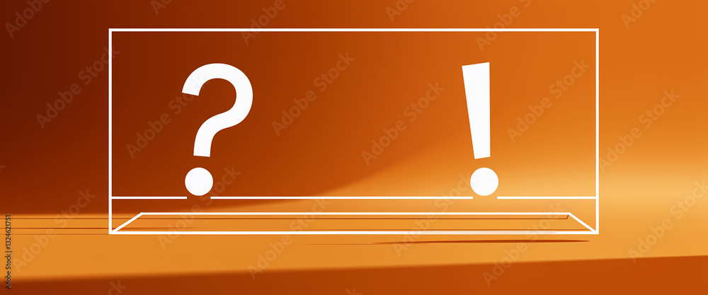 Poster Orange background with white question and exclamation marks inside a transparent box, suggesting a choice or decision-making process, suitable for presentations or marketing materials