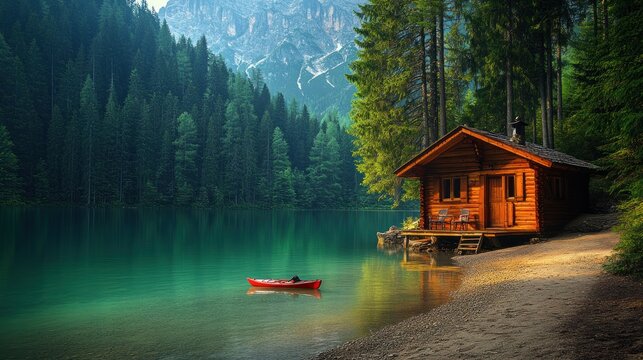 Lakeside cabin, tranquil Alps, kayak, sunrise, travel - Powered by Adobe