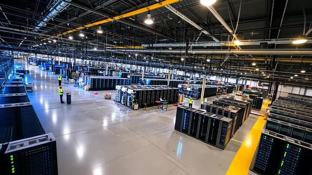 Aerial view of a modern data center filled with servers and technicians at work