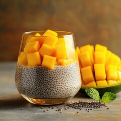 Chia seeds layered with fresh mango chunks in a transparent glass cup for a nutritious snack