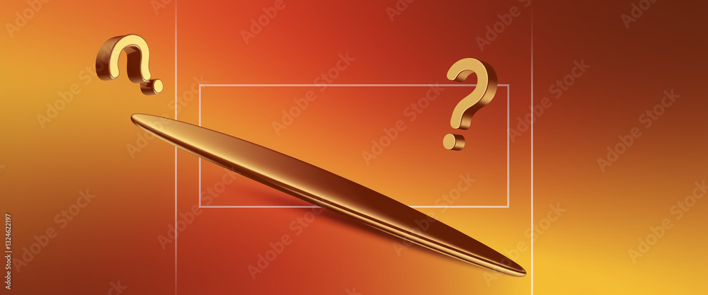 Poster Abstract background with golden question marks and a sleek, elongated object, suggesting curiosity and a space for answers or information, ideal for presentations or marketing