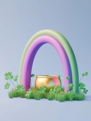 A colorful rainbow arches over a golden pot surrounded by green clovers, set against a soft blue background.