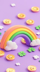 A colorful, whimsical scene featuring a rainbow made of clay, surrounded by smiling coins and clovers on a purple background.