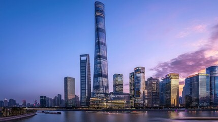 Obraz premium Shanghai skyline at dusk, showcasing skyscrapers and river.