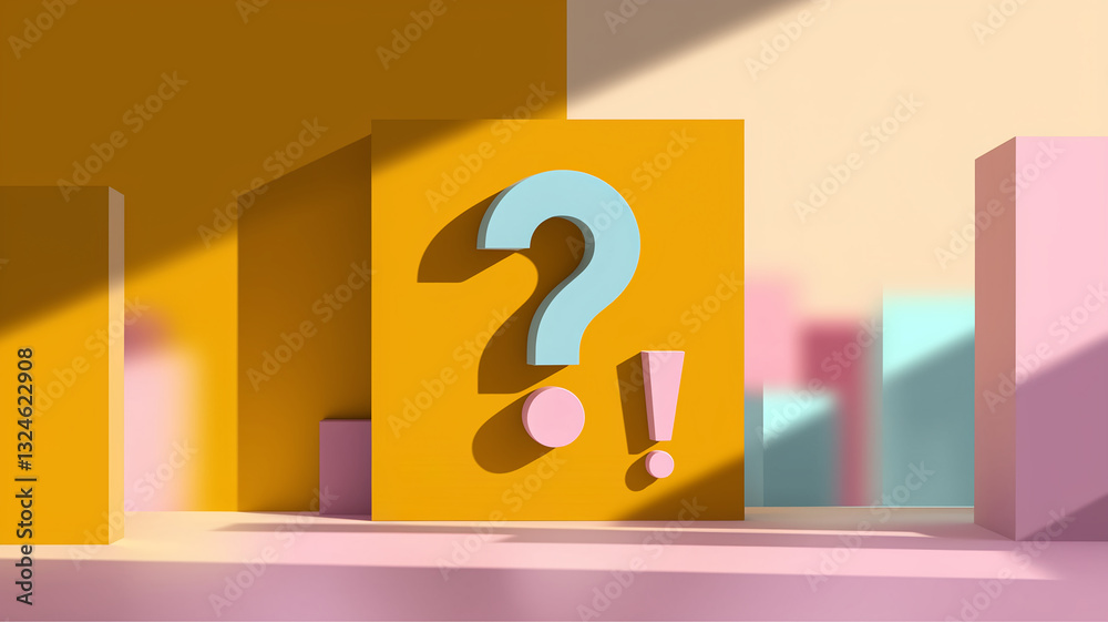 Poster Abstract 3D scene with pastel-colored geometric shapes showcasing a question mark and exclamation point, symbolizing inquiry and announcement, ideal for presentation or product display