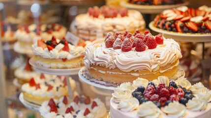 Delicious assortment of cakes displayed on a table in a cozy cafe setting