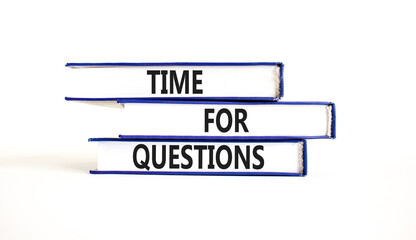 Time for questions symbol. Concept words Time for questions on beautiful blue white books....