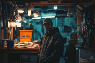 Obraz premium Mysterious Fishmonger in Rustic Market, Dried Fish Hanging, Moody Lighting, Gritty Ambience
